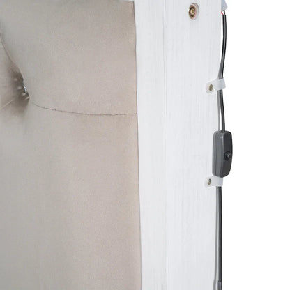 Lit plateforme en bois, format Queen, avec tête de lit rembourrée, éclairage LED et 2 tiroirs, blanc antique