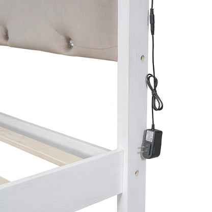 Lit plateforme en bois, format Queen, avec tête de lit rembourrée, éclairage LED et 2 tiroirs, blanc antique