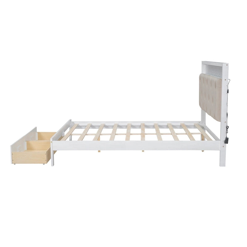 Lit plateforme en bois, format Queen, avec tête de lit rembourrée, éclairage LED et 2 tiroirs, blanc antique