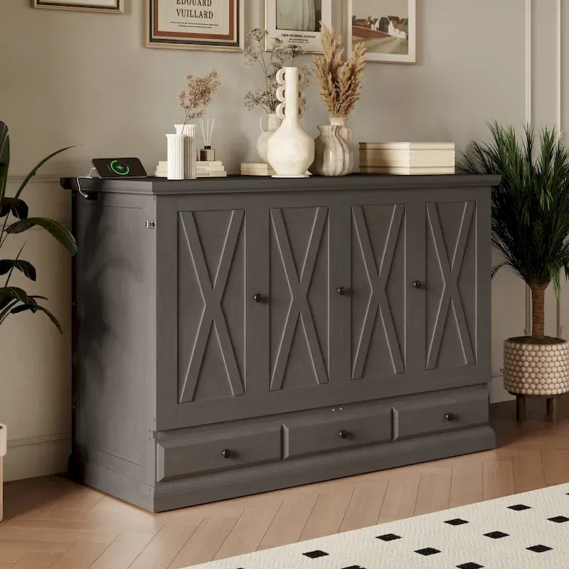 Lit escamotable en pin massif avec coffre de rangement, station de recharge et grand tiroir.