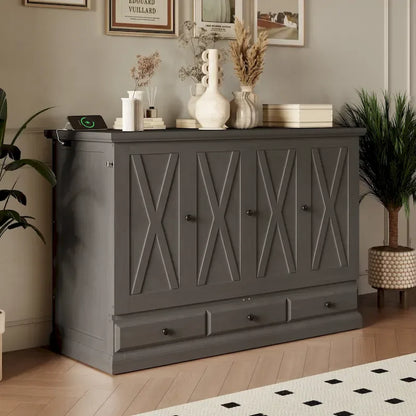 Lit escamotable en pin massif avec coffre de rangement, station de recharge et grand tiroir.