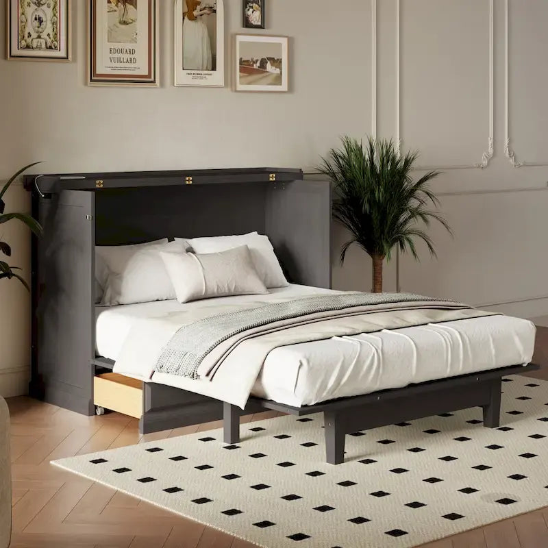 Lit escamotable en pin massif avec coffre de rangement, station de recharge et grand tiroir.