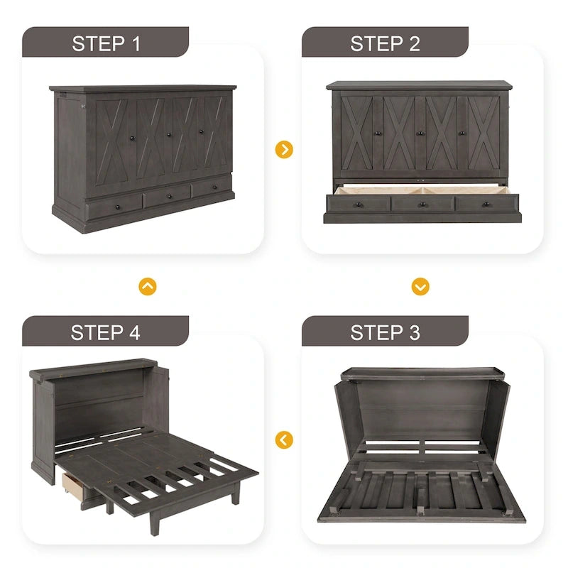 Lit escamotable en pin massif avec coffre de rangement, station de recharge et grand tiroir.