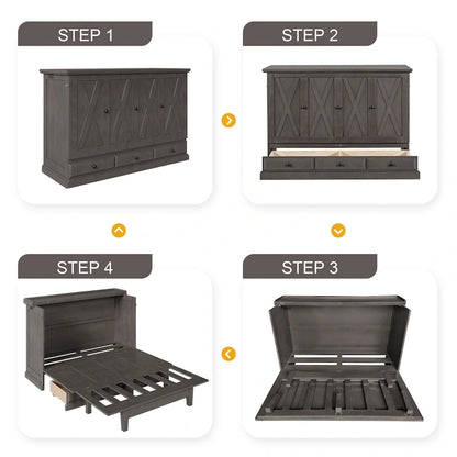 Lit escamotable en pin massif avec coffre de rangement, station de recharge et grand tiroir.