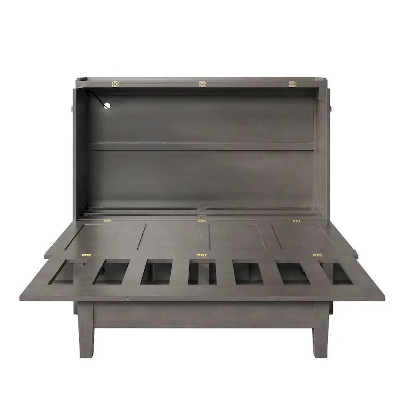 Lit escamotable en pin massif avec coffre de rangement, station de recharge et grand tiroir.