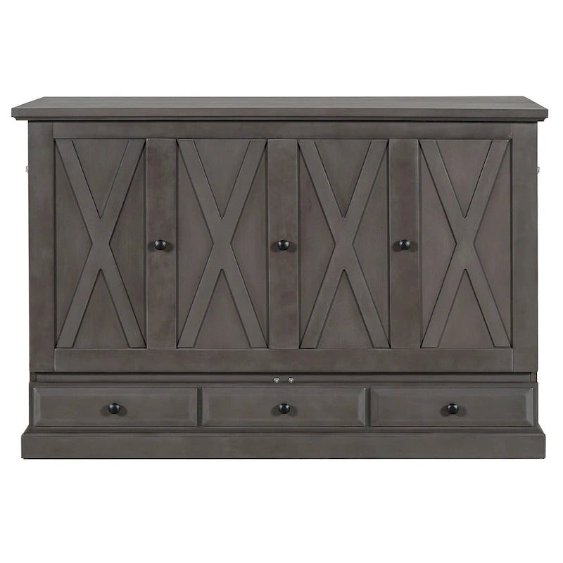 Lit escamotable en pin massif avec coffre de rangement, station de recharge et grand tiroir.