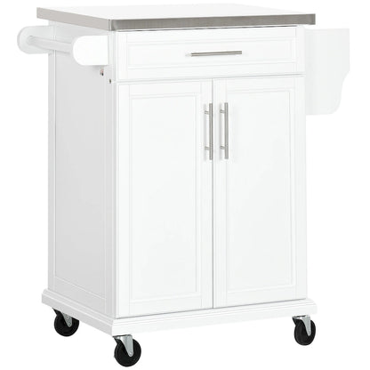 Kitchen Island on Wheels, Rolling Kitchen Cart with Stainless Steel Countertop, Drawer, Towel Rack and Spice Rack