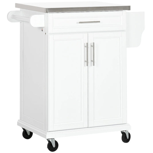 Kitchen Island on Wheels, Rolling Kitchen Cart with Stainless Steel Countertop, Drawer, Towel Rack and Spice Rack