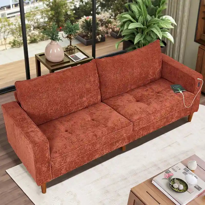 Canapé deux places moderne de 82,68 pouces (210 cm) en chenille avec ports USB pour votre salon.