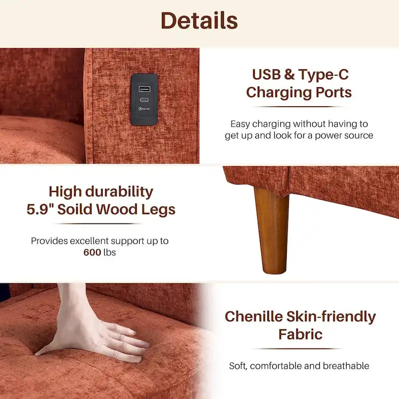 Canapé deux places moderne de 82,68 pouces (210 cm) en chenille avec ports USB pour votre salon.