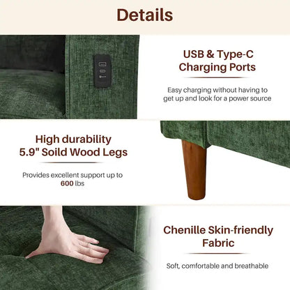 Canapé deux places moderne de 82,68 pouces (210 cm) en chenille avec ports USB pour votre salon.