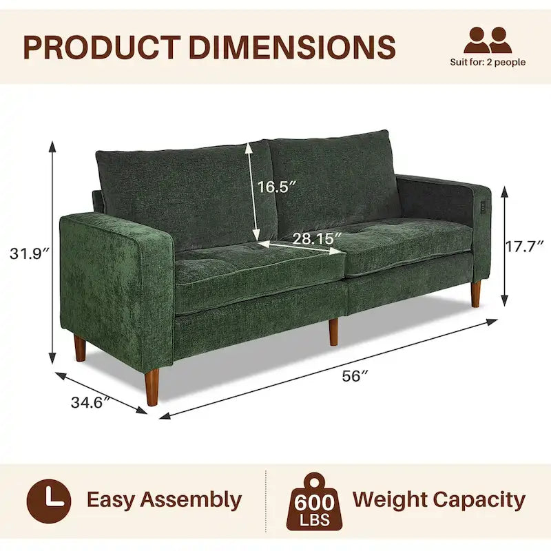 Canapé deux places moderne de 82,68 pouces (210 cm) en chenille avec ports USB pour votre salon.