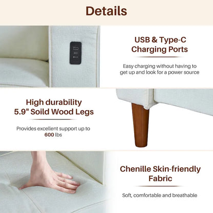 Canapé deux places moderne de 82,68 pouces (210 cm) en chenille avec ports USB pour votre salon.