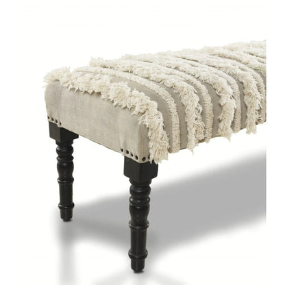 Banc de chambre en bois couleur crème, revêtement en coton, motif rayé, garniture cloutée - 40,6 cm de profondeur x 119,4 cm de largeur x 45,7 cm de hauteur