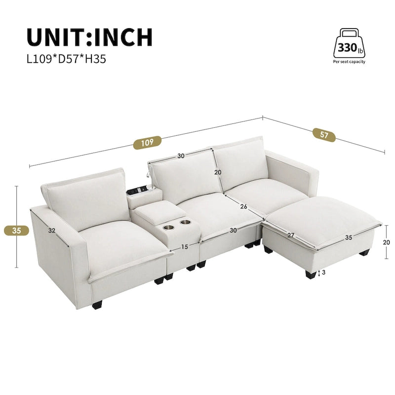 Canapé d'angle modulaire en chenille 109 avec console USB