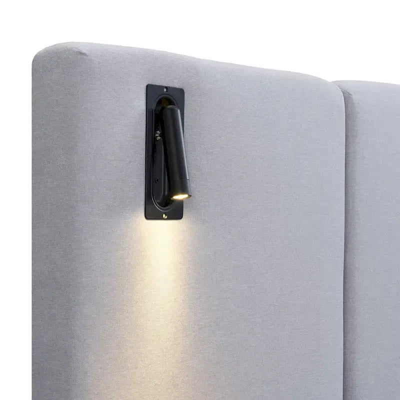 Lit plateforme en lin gris, grand lit capitonné avec tête de lit à oreilles, lampes de chevet et étagères de rangement, lit à panneaux chics