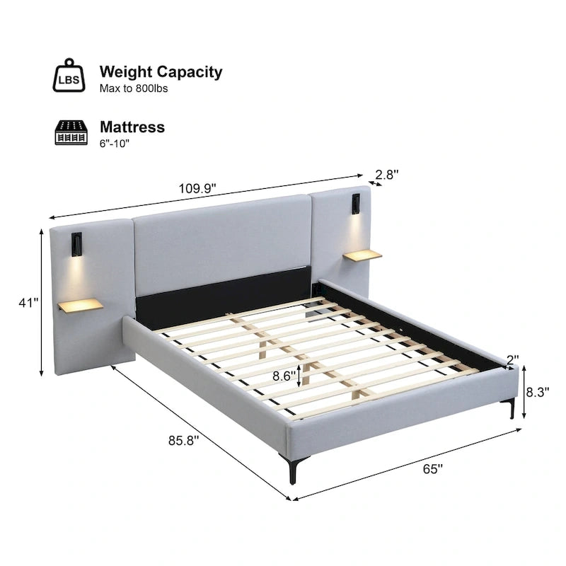 Lit plateforme en lin gris, grand lit capitonné avec tête de lit à oreilles, lampes de chevet et étagères de rangement, lit à panneaux chics