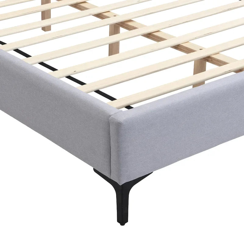 Lit plateforme en lin gris, grand lit capitonné avec tête de lit à oreilles, lampes de chevet et étagères de rangement, lit à panneaux chics