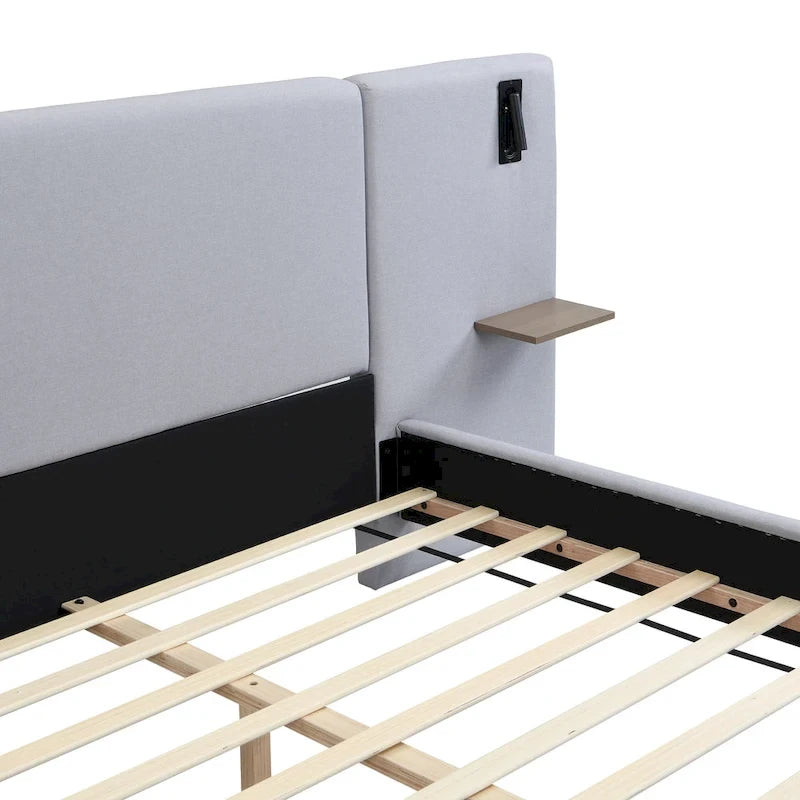 Lit plateforme en lin gris, grand lit capitonné avec tête de lit à oreilles, lampes de chevet et étagères de rangement, lit à panneaux chics