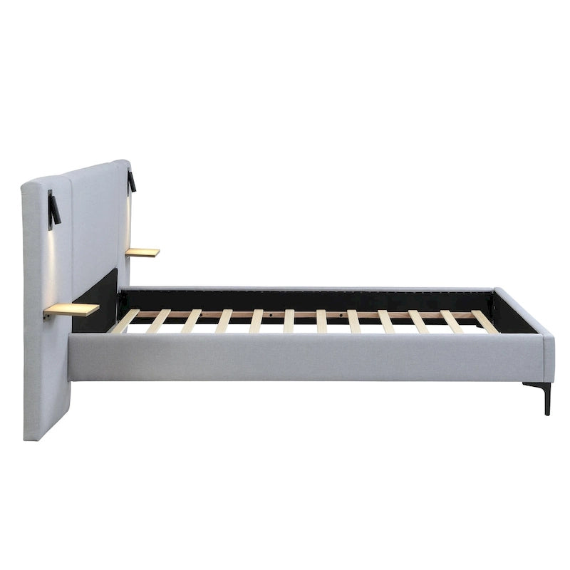 Lit plateforme en lin gris, grand lit capitonné avec tête de lit à oreilles, lampes de chevet et étagères de rangement, lit à panneaux chics