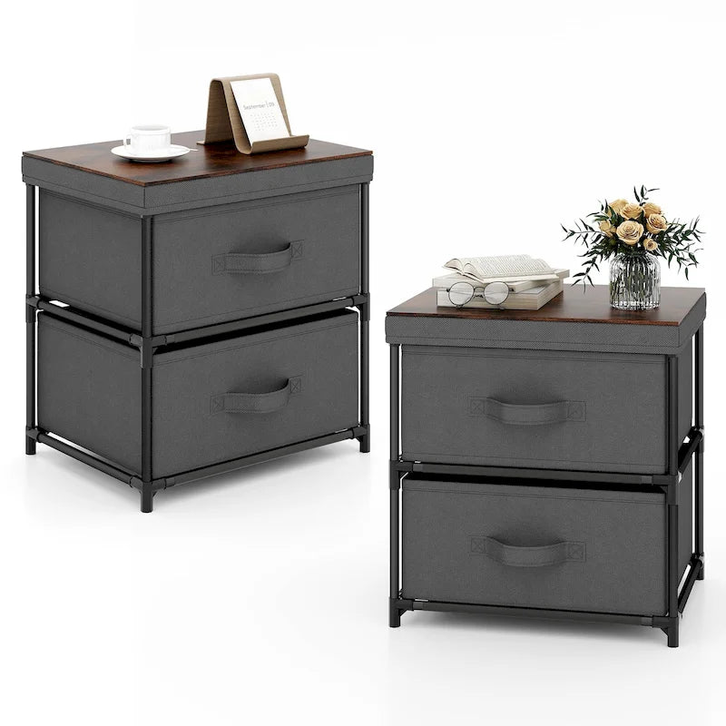 Table de chevet Gymax 2PCS 2 tiroirs, commode, organisateur de rangement en tissu