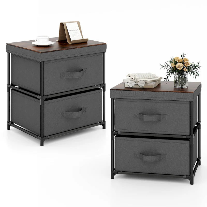 Gymax 2PCS 2 Drawer Dresser Fabric Storage Organizer Nightstand