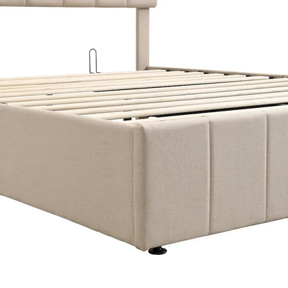 Lit plateforme en lin Queen Size - Plateforme relevable hydraulique avec compartiment caché, cadre en pin massif
