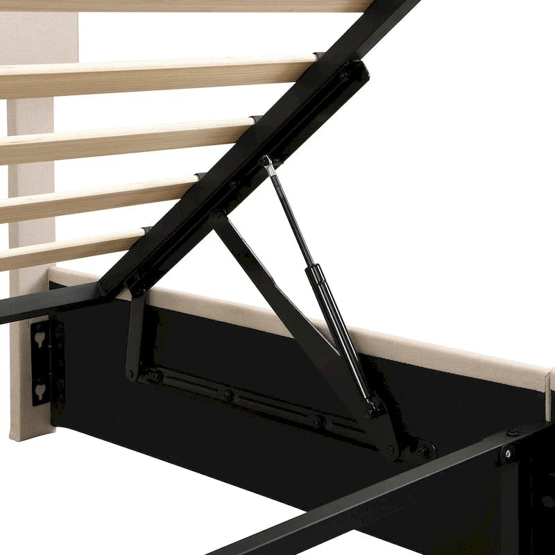 Lit plateforme en lin Queen Size - Plateforme relevable hydraulique avec compartiment caché, cadre en pin massif