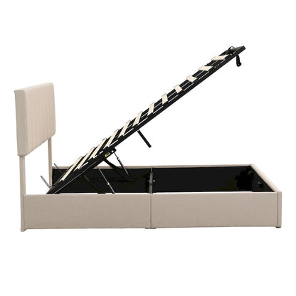 Lit plateforme en lin Queen Size - Plateforme relevable hydraulique avec compartiment caché, cadre en pin massif