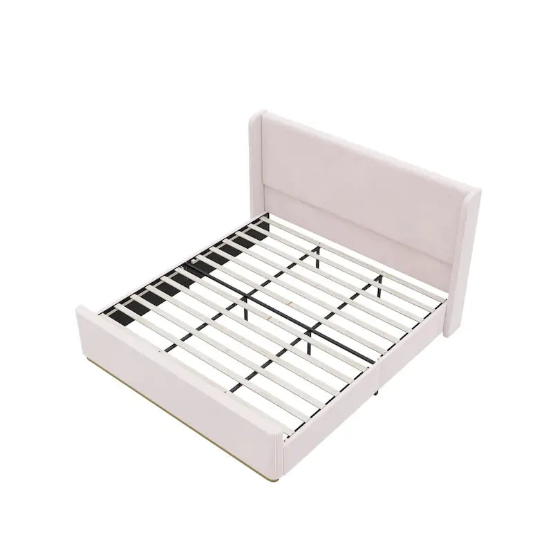 Lit King Size en velours côtelé avec tête de lit à oreilles de 47 pouces et cadre en métal/bois (sommier non nécessaire)
