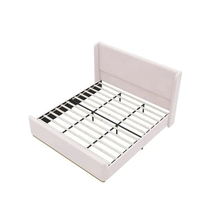 Lit King Size en velours côtelé avec tête de lit à oreilles de 47 pouces et cadre en métal/bois (sommier non nécessaire)