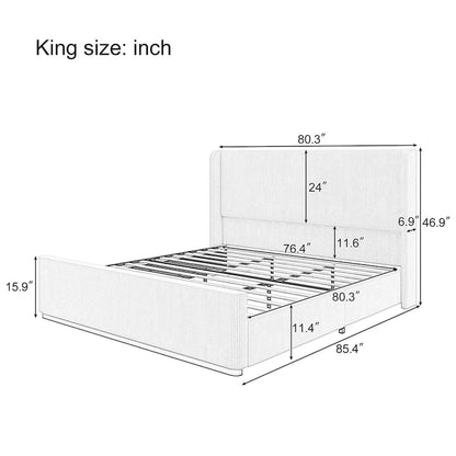 Lit King Size en velours côtelé avec tête de lit à oreilles de 47 pouces et cadre en métal/bois (sommier non nécessaire)