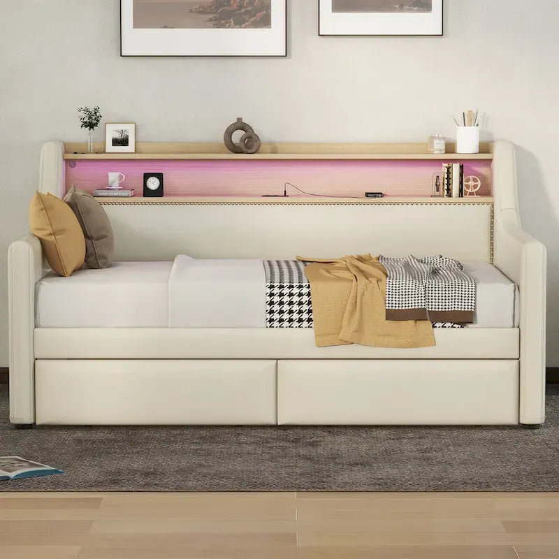 Twin Size Upholstered Daybed with Storage and LED