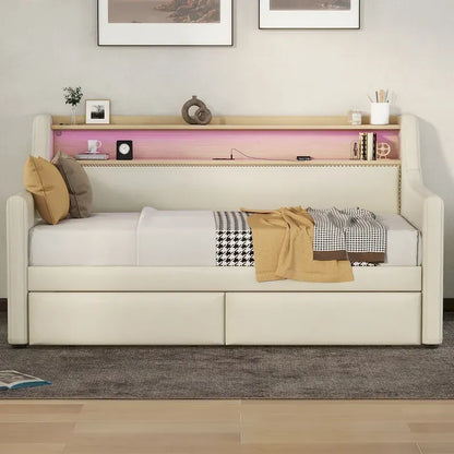 Twin Size Upholstered Daybed with Storage and LED