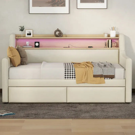 Twin Size Upholstered Daybed with Storage and LED