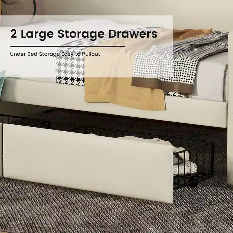 Lit de jour rembourré deux places avec rangement et éclairage LED