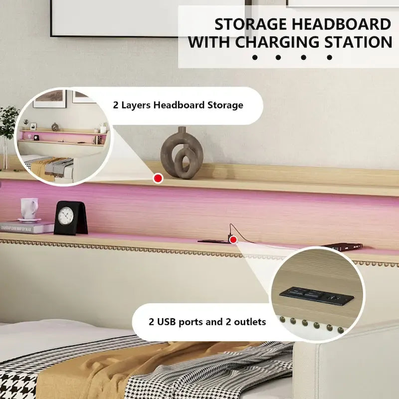 Lit de jour rembourré deux places avec rangement et éclairage LED