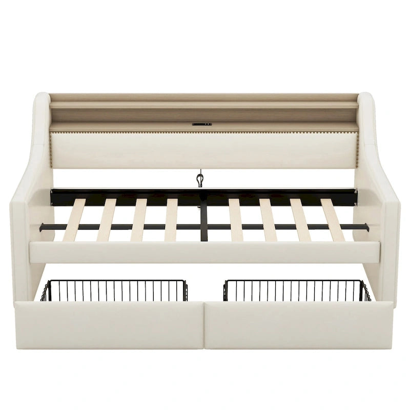 Lit de jour rembourré deux places avec rangement et éclairage LED