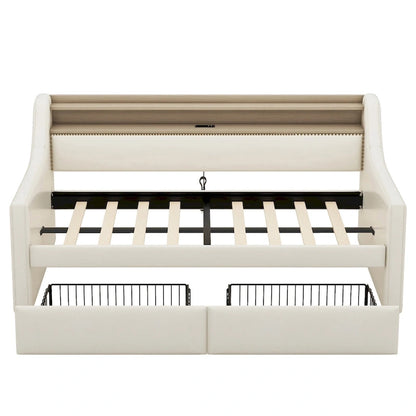 Lit de jour rembourré deux places avec rangement et éclairage LED