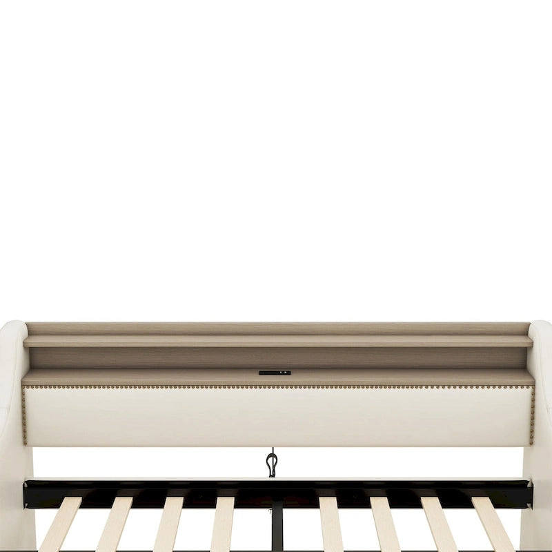 Lit de jour rembourré deux places avec rangement et éclairage LED