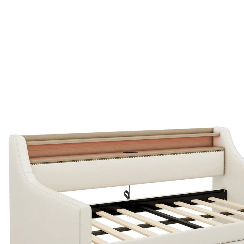 Lit de jour rembourré deux places avec rangement et éclairage LED