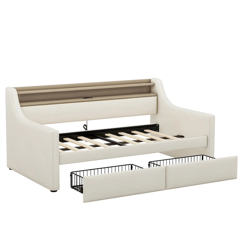 Lit de jour rembourré deux places avec rangement et éclairage LED