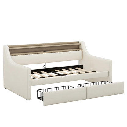 Lit de jour rembourré deux places avec rangement et éclairage LED