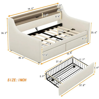 Lit de jour rembourré deux places avec rangement et éclairage LED