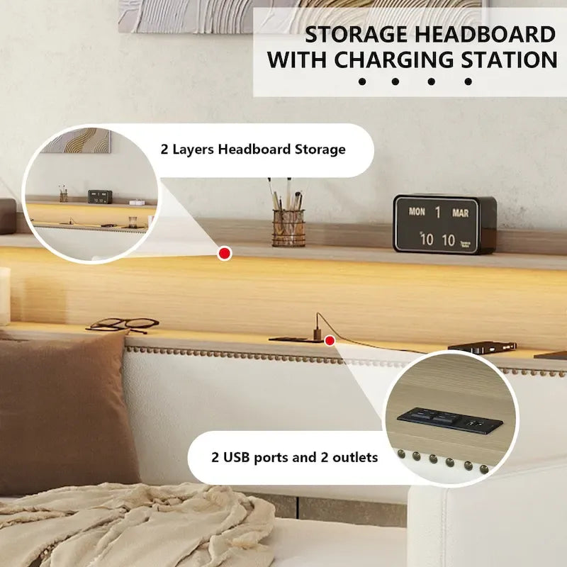 Lit de jour rembourré deux places avec rangement et éclairage LED