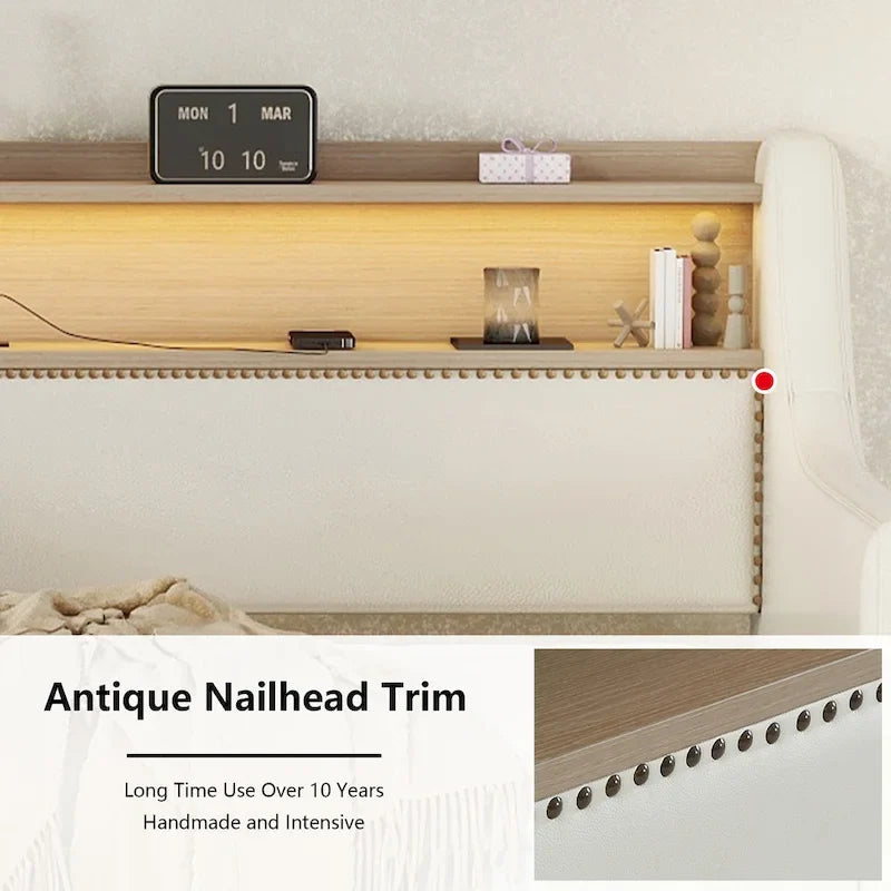 Lit de jour rembourré deux places avec rangement et éclairage LED