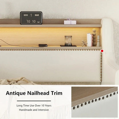 Lit de jour rembourré deux places avec rangement et éclairage LED