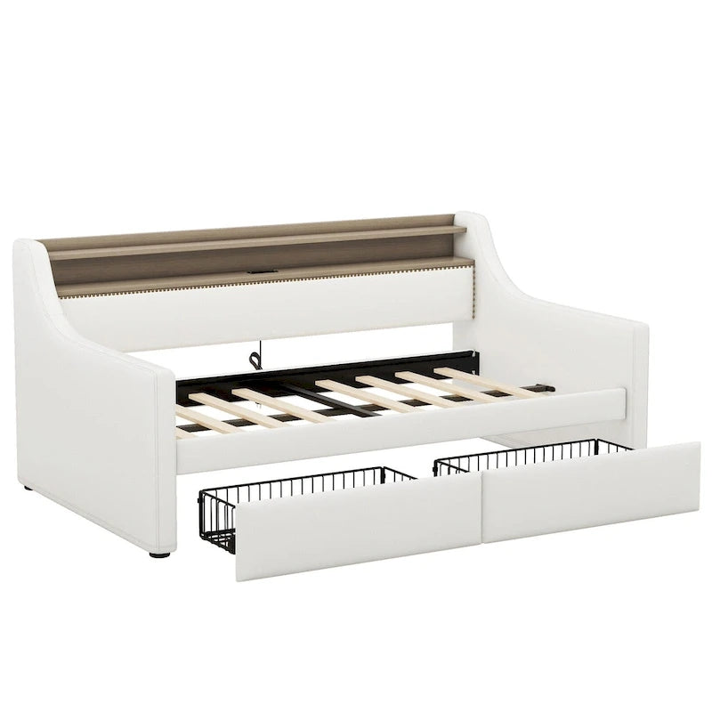 Lit de jour rembourré deux places avec rangement et éclairage LED