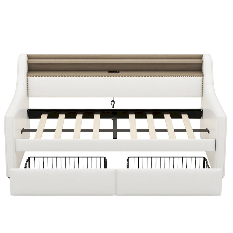 Lit de jour rembourré deux places avec rangement et éclairage LED