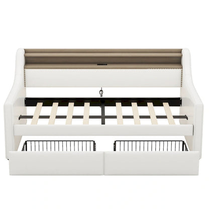 Lit de jour rembourré deux places avec rangement et éclairage LED